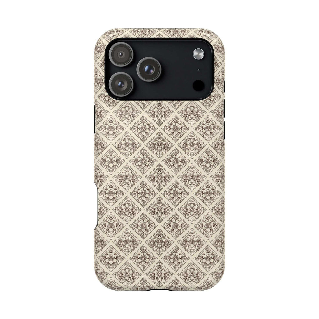 Beige ornate patterned phone case with raised edge and cutouts for camera and ports