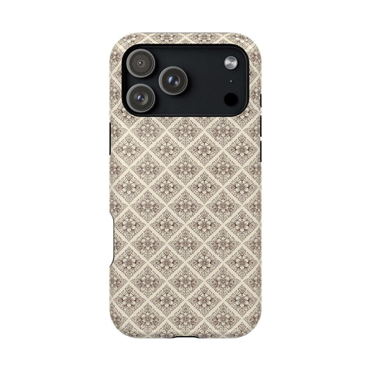 Beige ornate patterned phone case with raised edge and cutouts for camera and ports