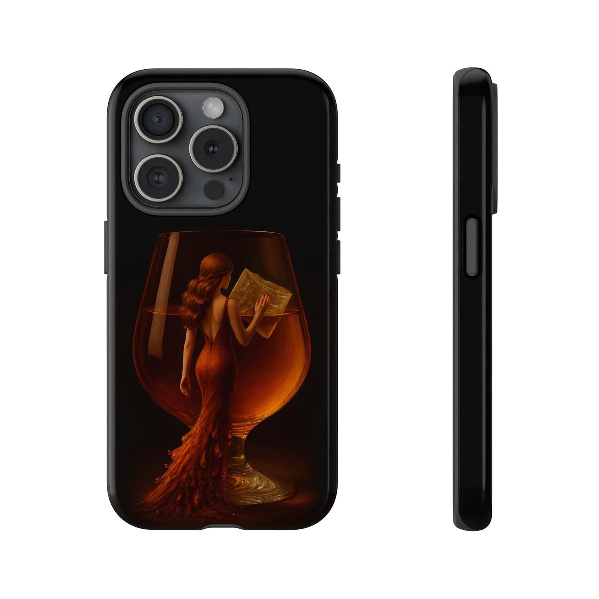 Glossy black phone case with lady holding book design; triple camera cutouts and side profile.