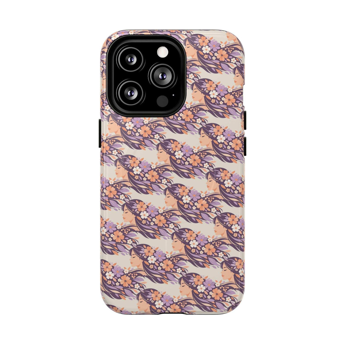 Floral phone case with triple-camera cutout, pastel pink and navy floral pattern