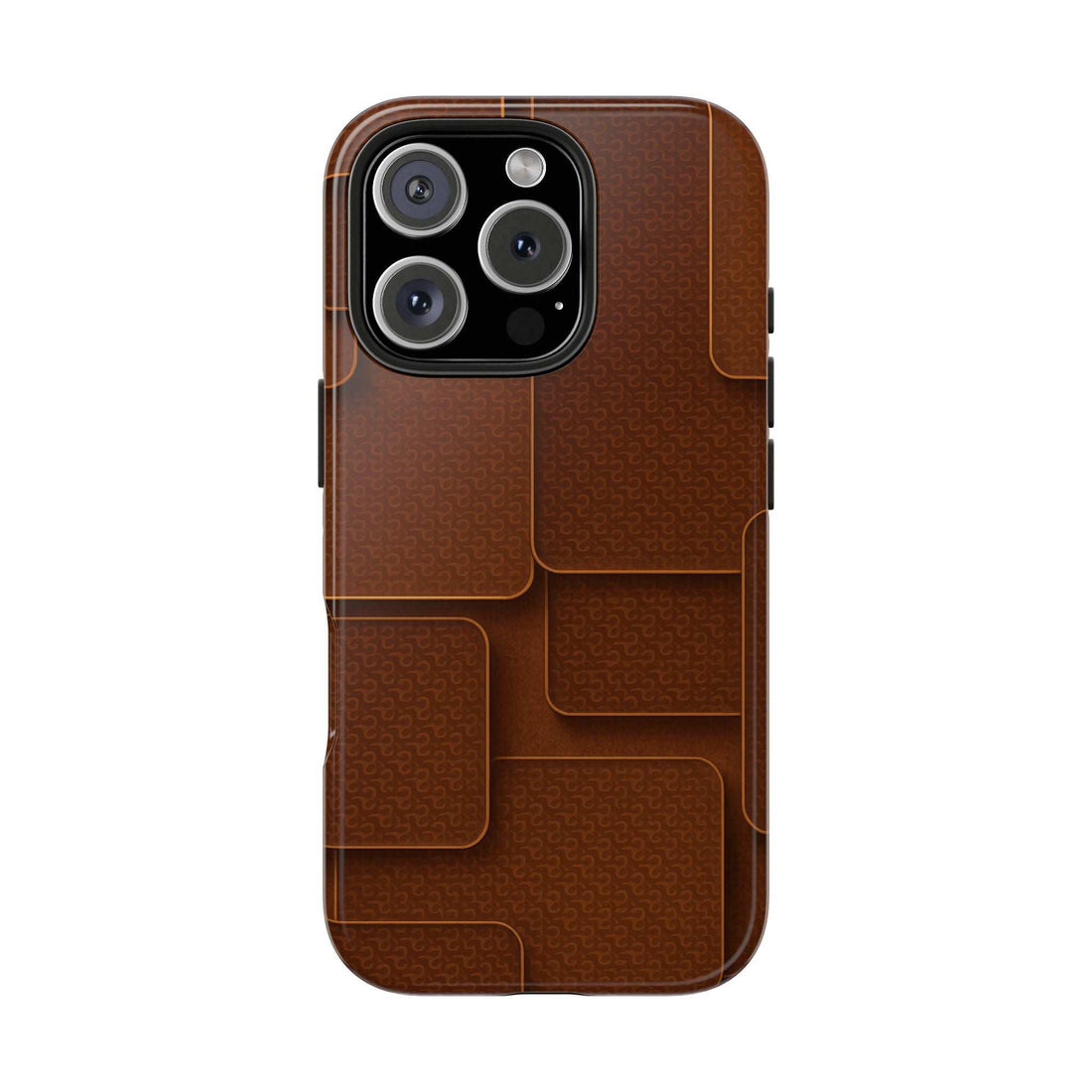 Brown textured phone case with geometric panel pattern and camera cutouts.