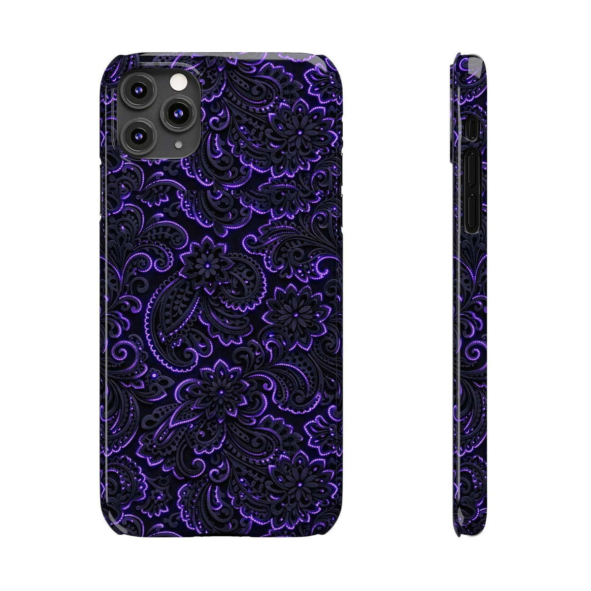 Phone case with neon purple paisley pattern, front view with side profile and camera area.