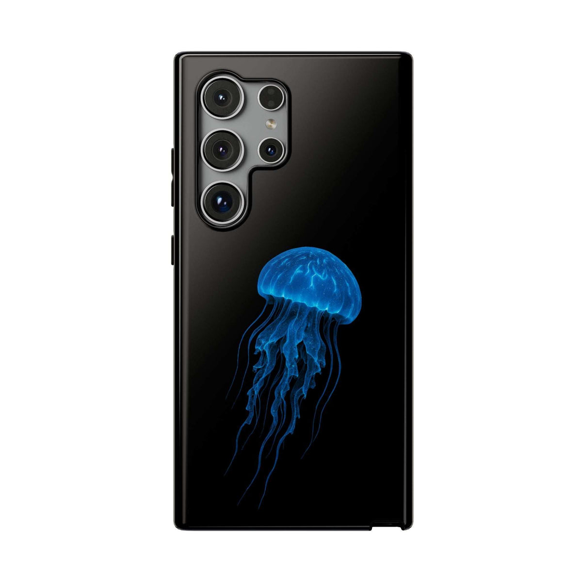Black phone case with blue jellyfish print and raised camera module openings