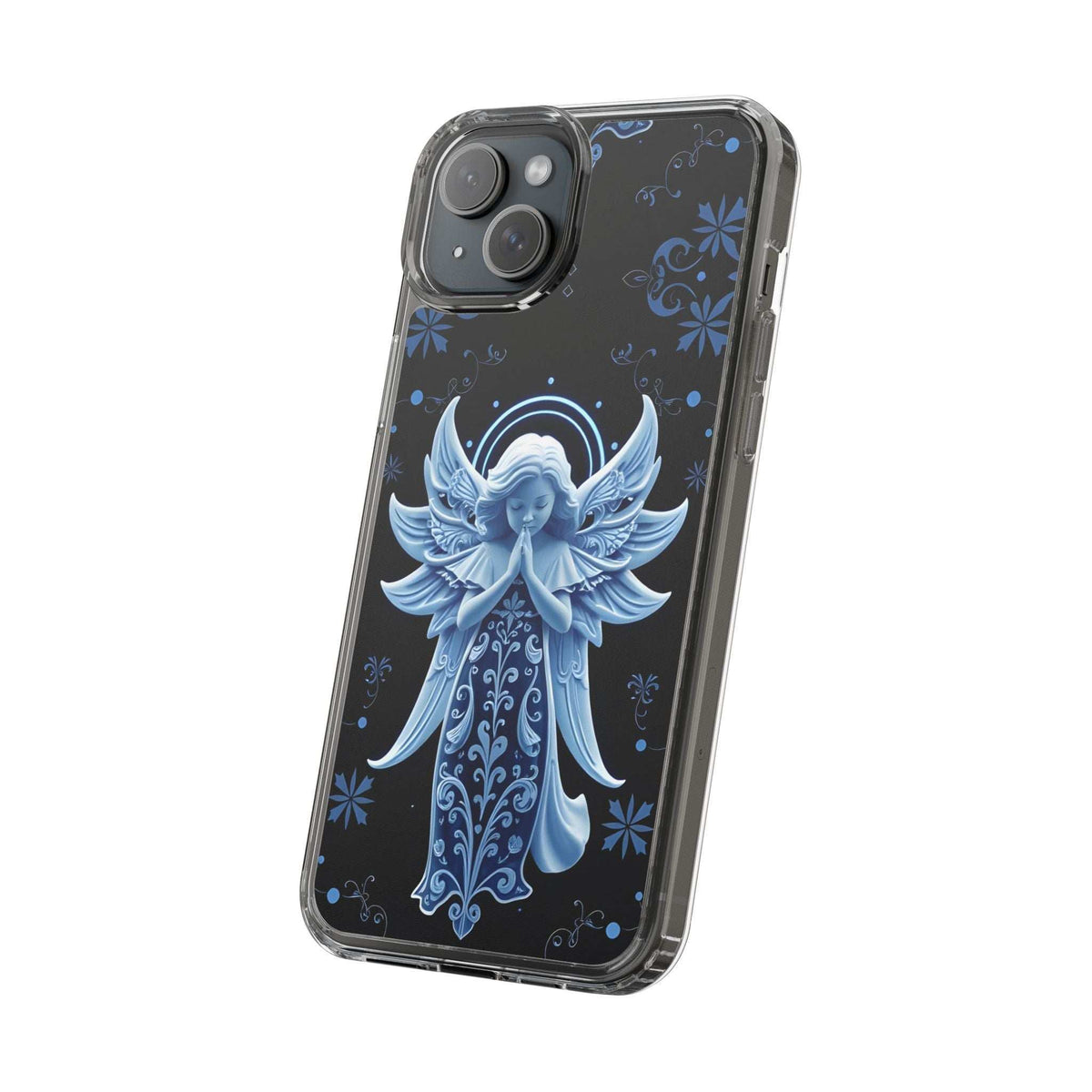 Transparent phone case with blue angel prayer design and winged figure centered, camera cutouts