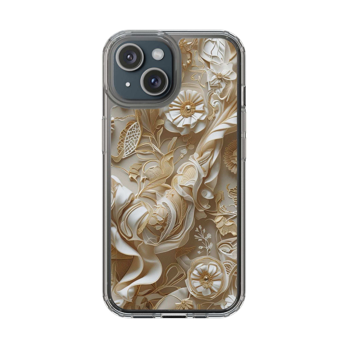 Clear phone case with gold-and-cream floral pattern over dark camera module