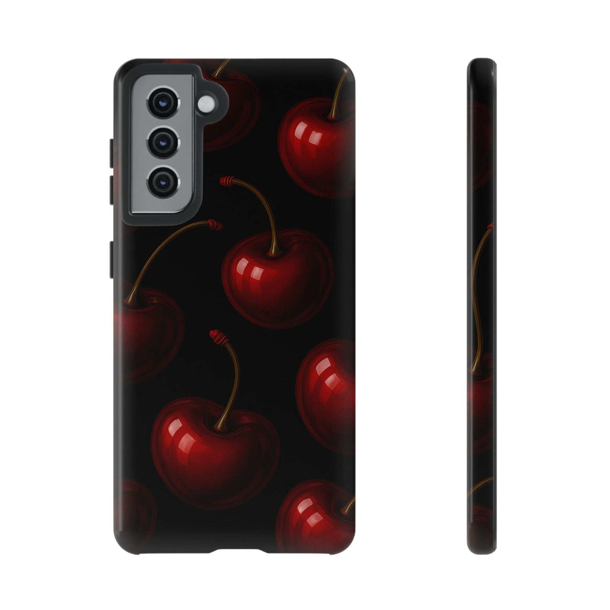 Glossy phone case with red cherries on dark background; visible side button openings
