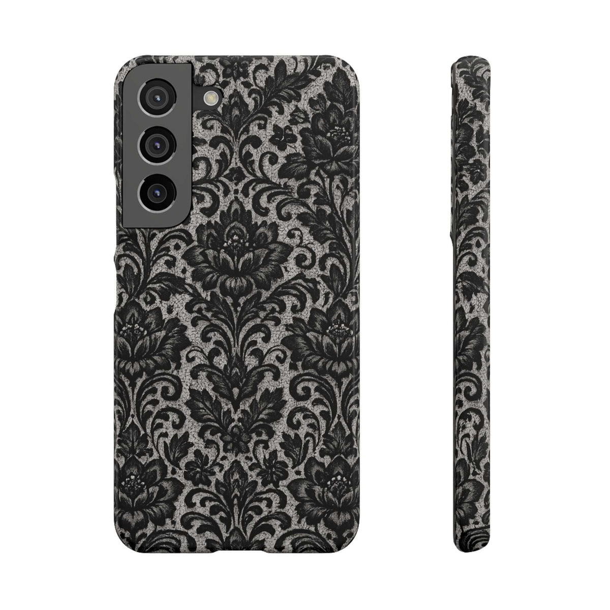 Black damask floral phone case with cutouts for multiple camera lenses and flash