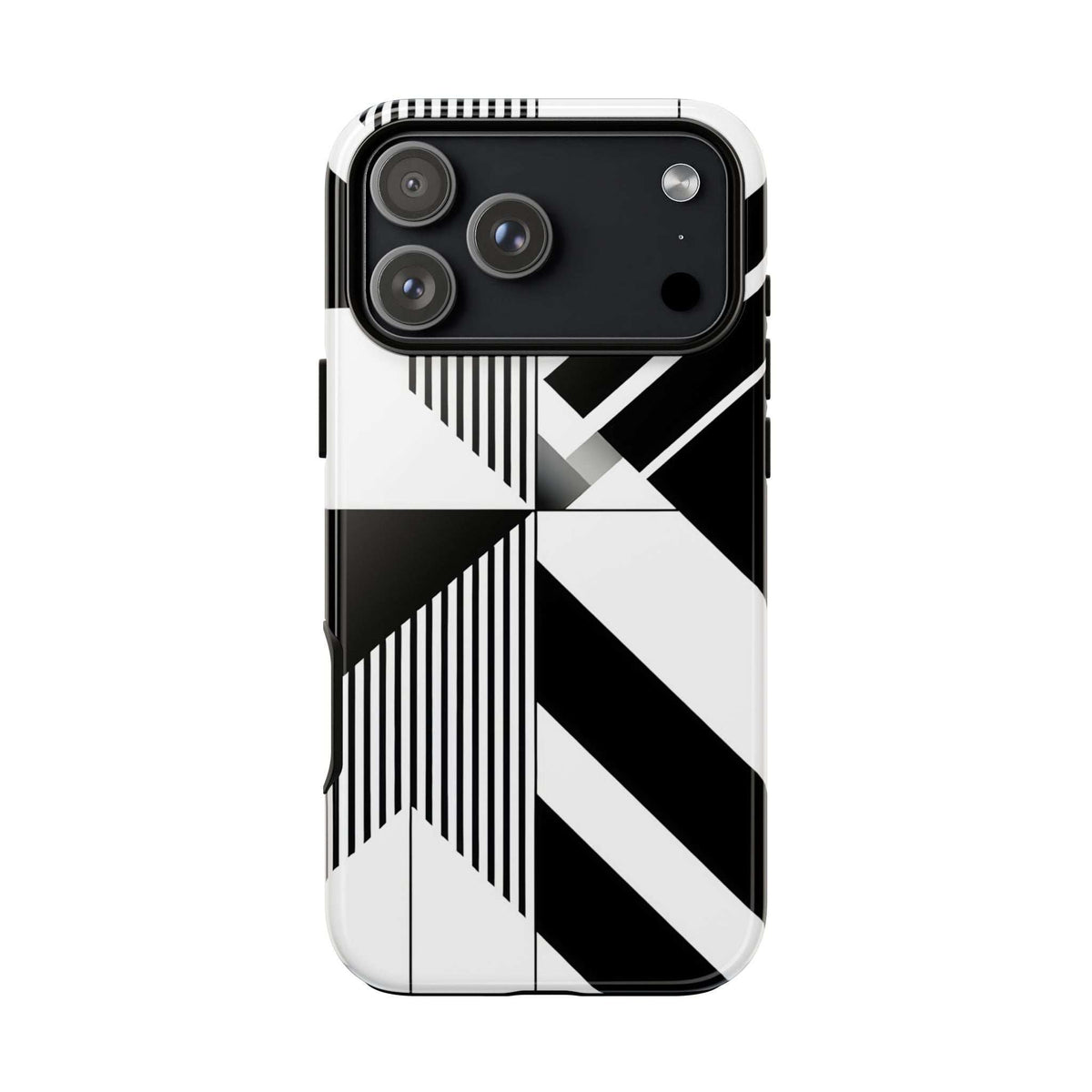 Monochrome tough phone case featuring a geometric stripe and chevron design, camera cutouts