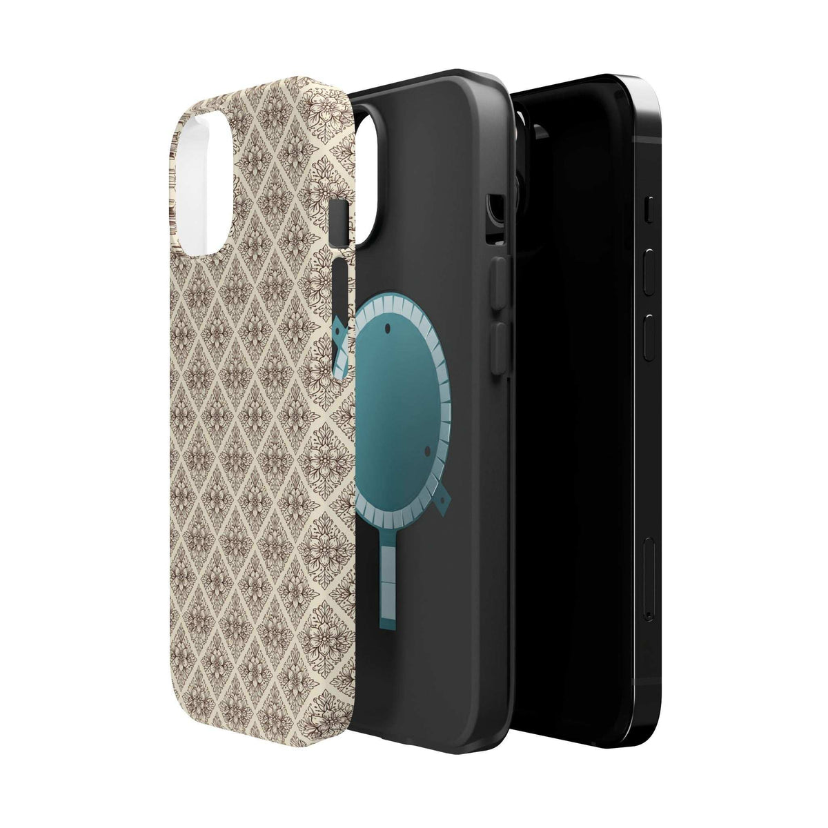 Beige patterned phone case with blue oval design, shows side ports and button openings