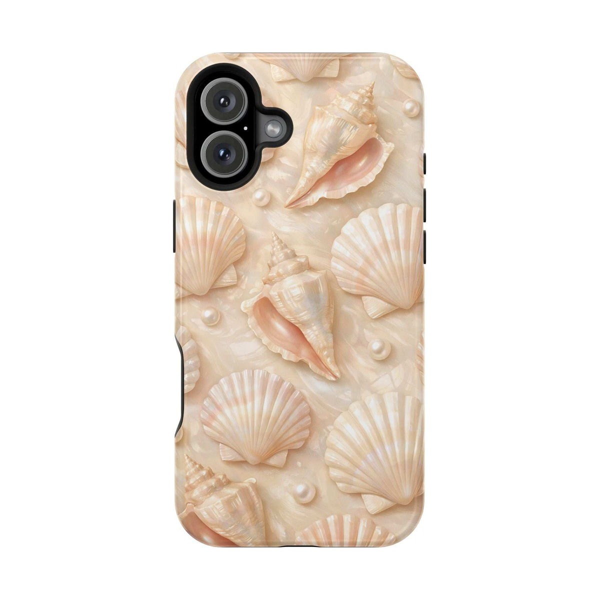 Seashell phone case in cream with embossed shells and visible side openings