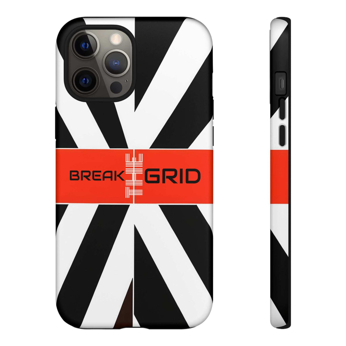 Phone case with black-and-white geometric stripes, red "Break Grid" band, front and side view.