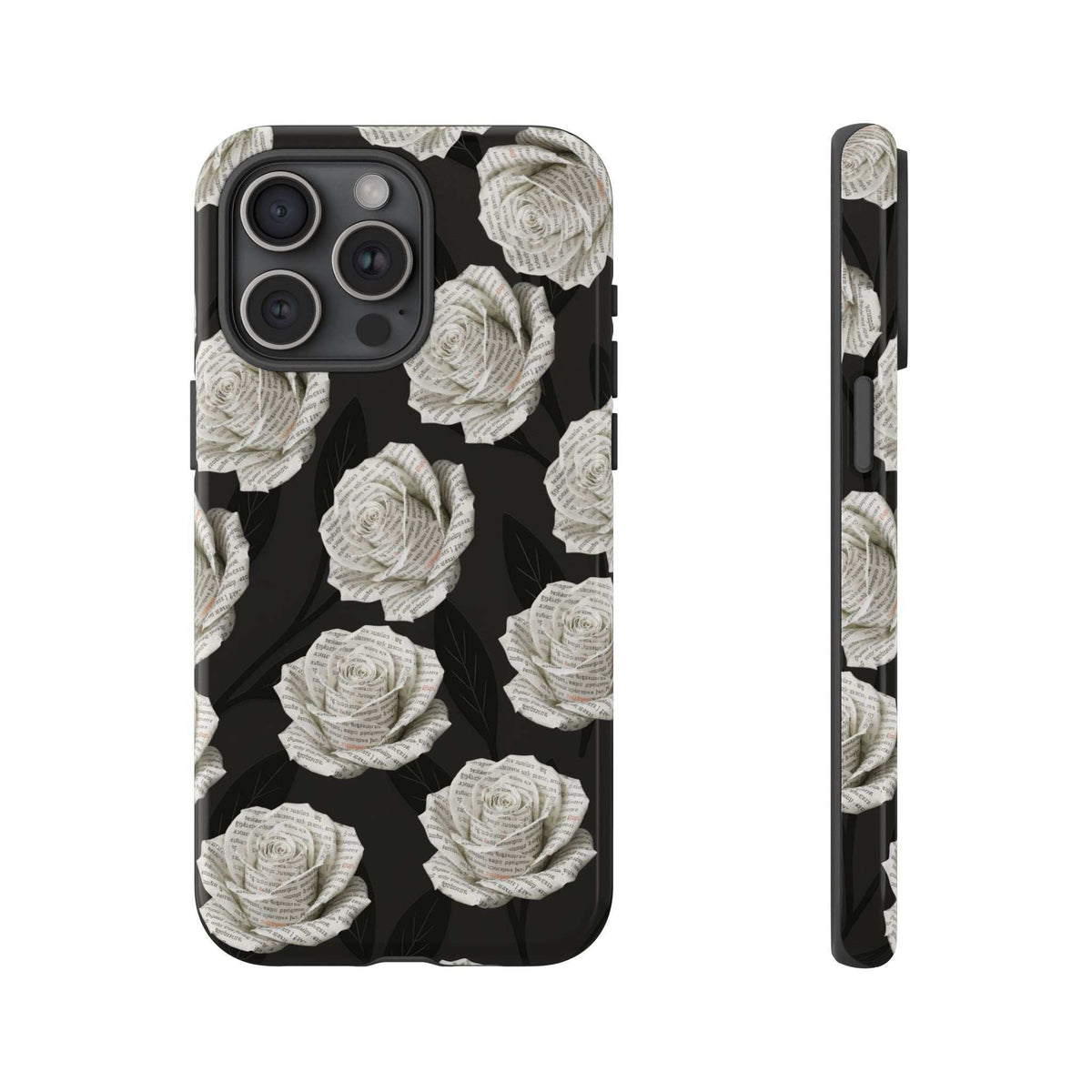 Phone case, black with white rose pattern, quad camera cutout and raised screen lip