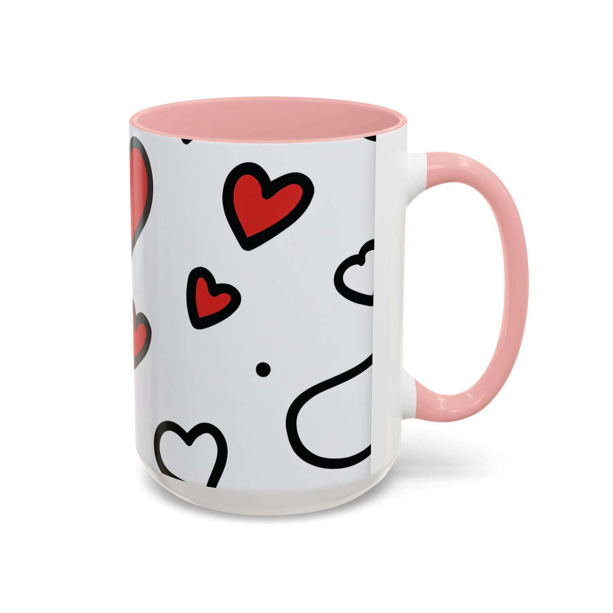Accent coffee mug with light pink interior and handle, white body, red and black heart pattern.