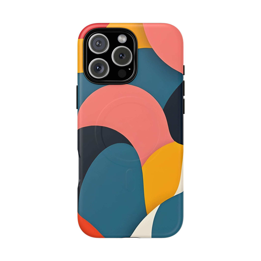 Colorful abstract art phone case with circular shapes and camera cutout