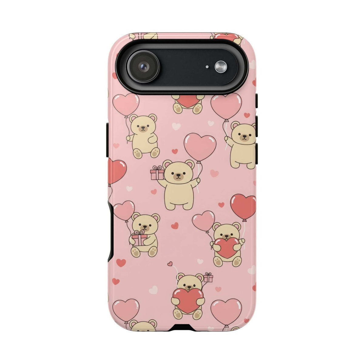 Pink teddy bear and heart phone case with horizontal camera window