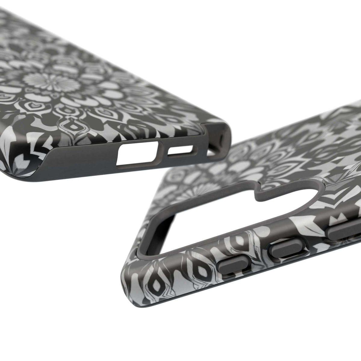 Mandala phone case with black-and-white floral pattern; speaker and charging port openings