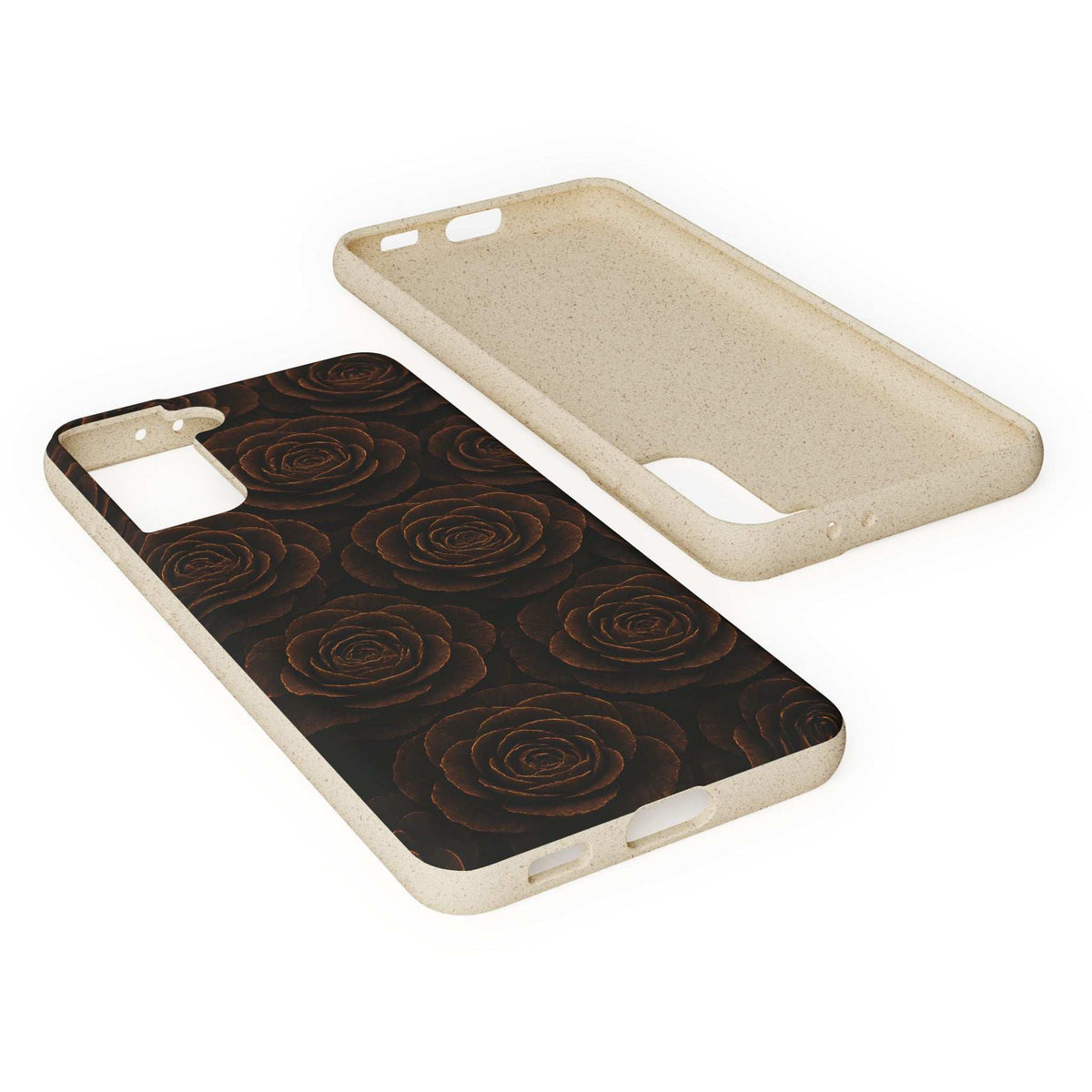 Beige phone case with dark rose pattern, camera opening, and charging port cutout