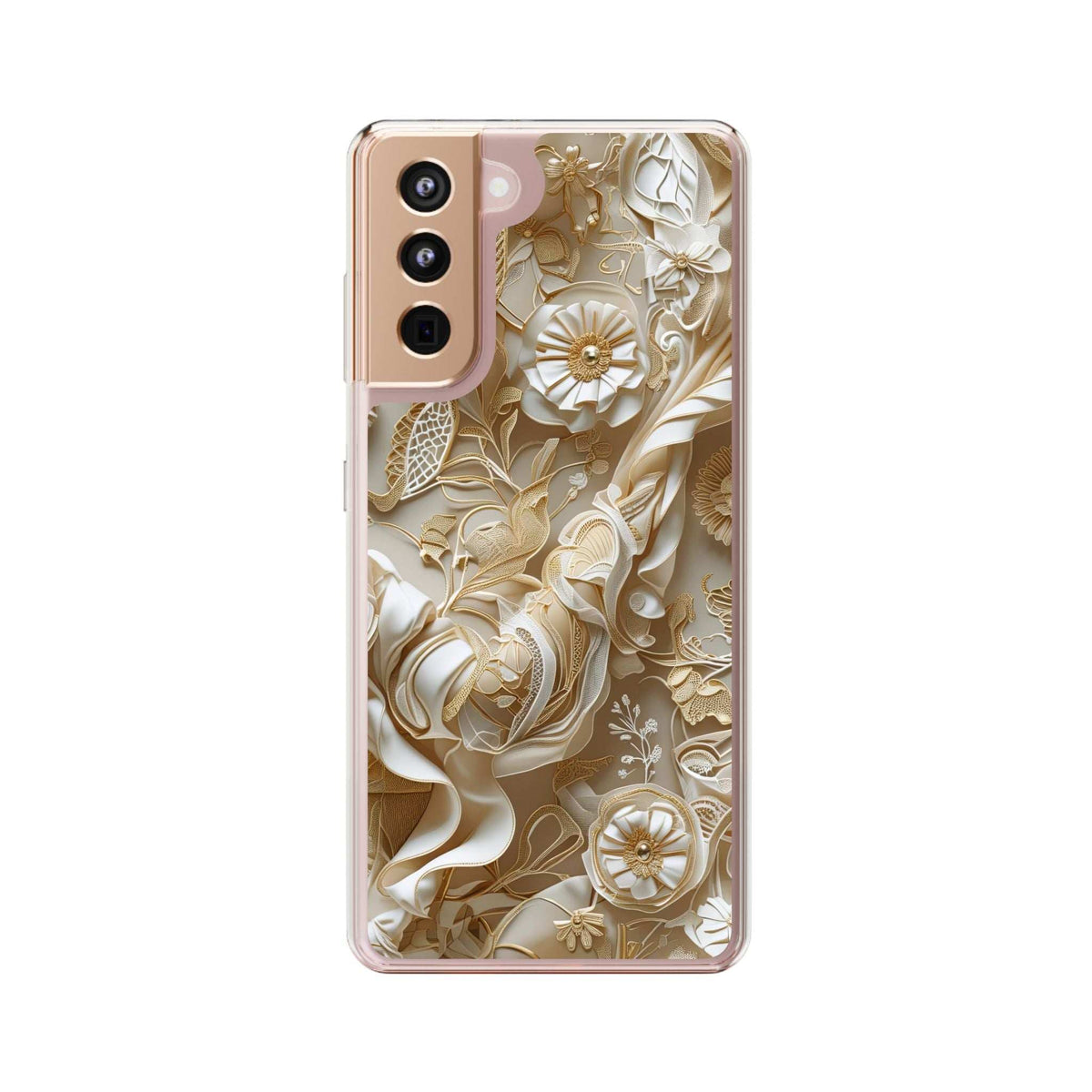 Clear phone case with gold and cream floral design, pink-toned phone visible behind
