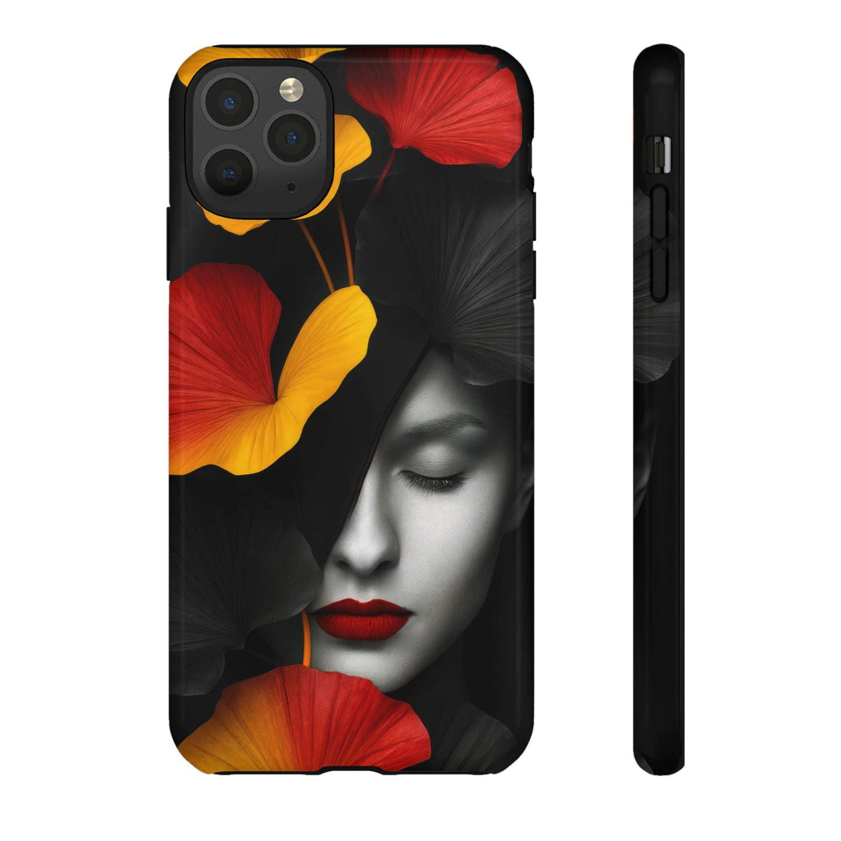 Glossy iPhone and Galaxy phone case with black face and red yellow floral art