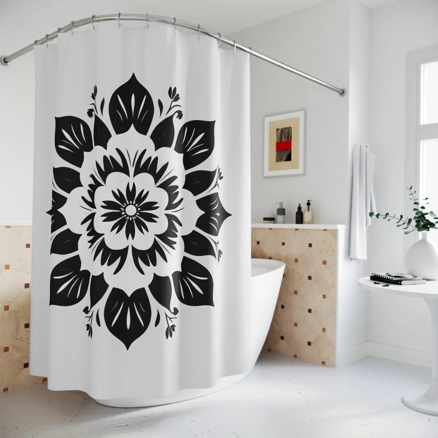 Elegant Black and White Floral Mandala Shower Curtain - KarArmDesign