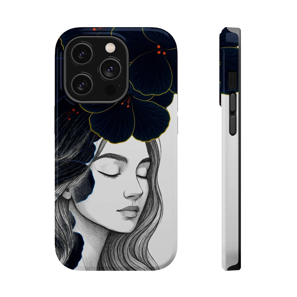Phone case front and side profile, woman portrait with blue floral accents and camera cutouts