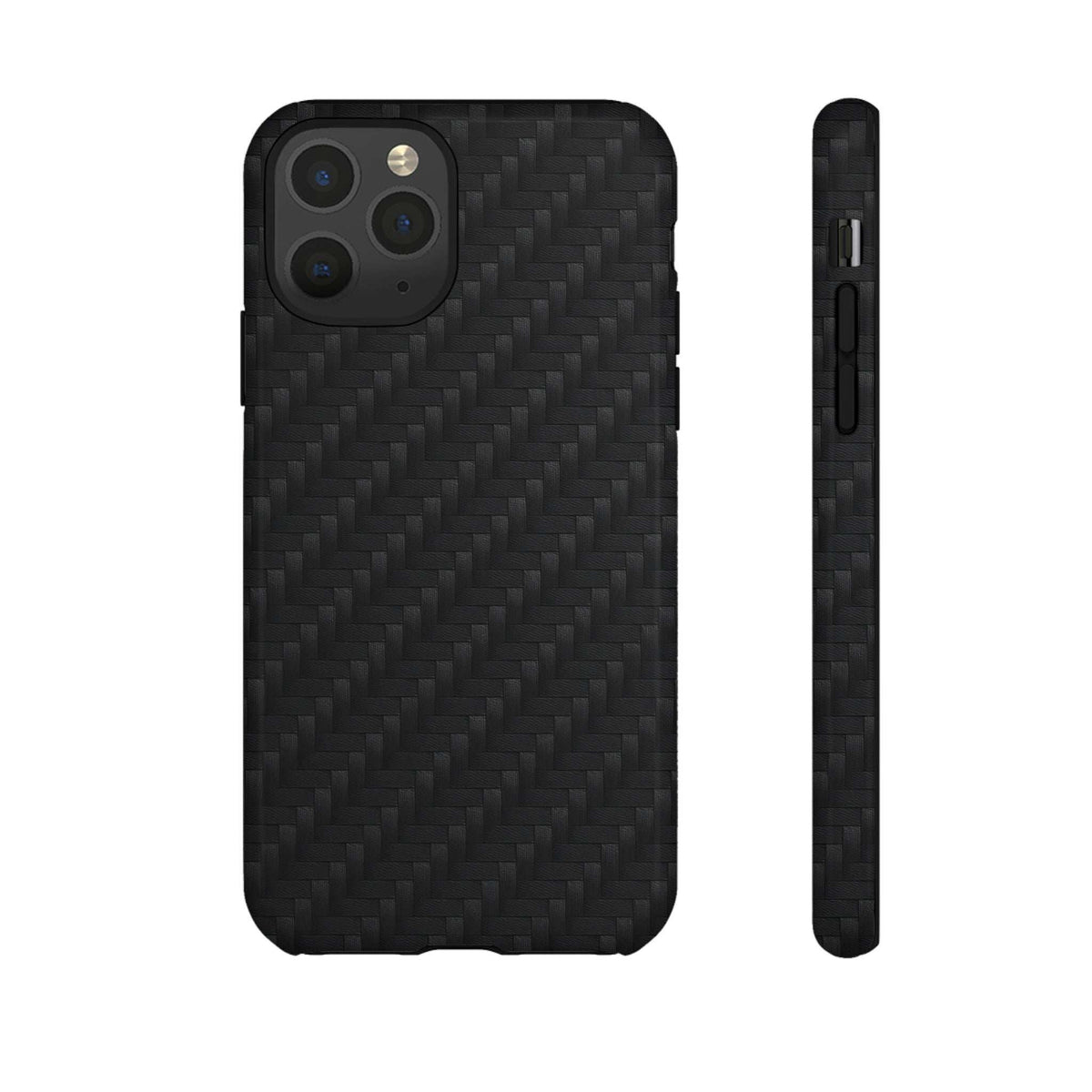 Glossy black carbon phone case back with camera cutouts and side button access.