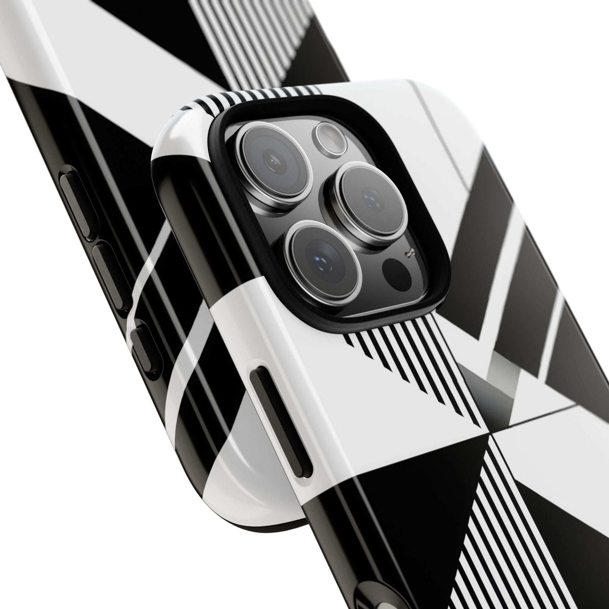 Monochrome tough phone case detail: black-and-white pattern around the triple camera area