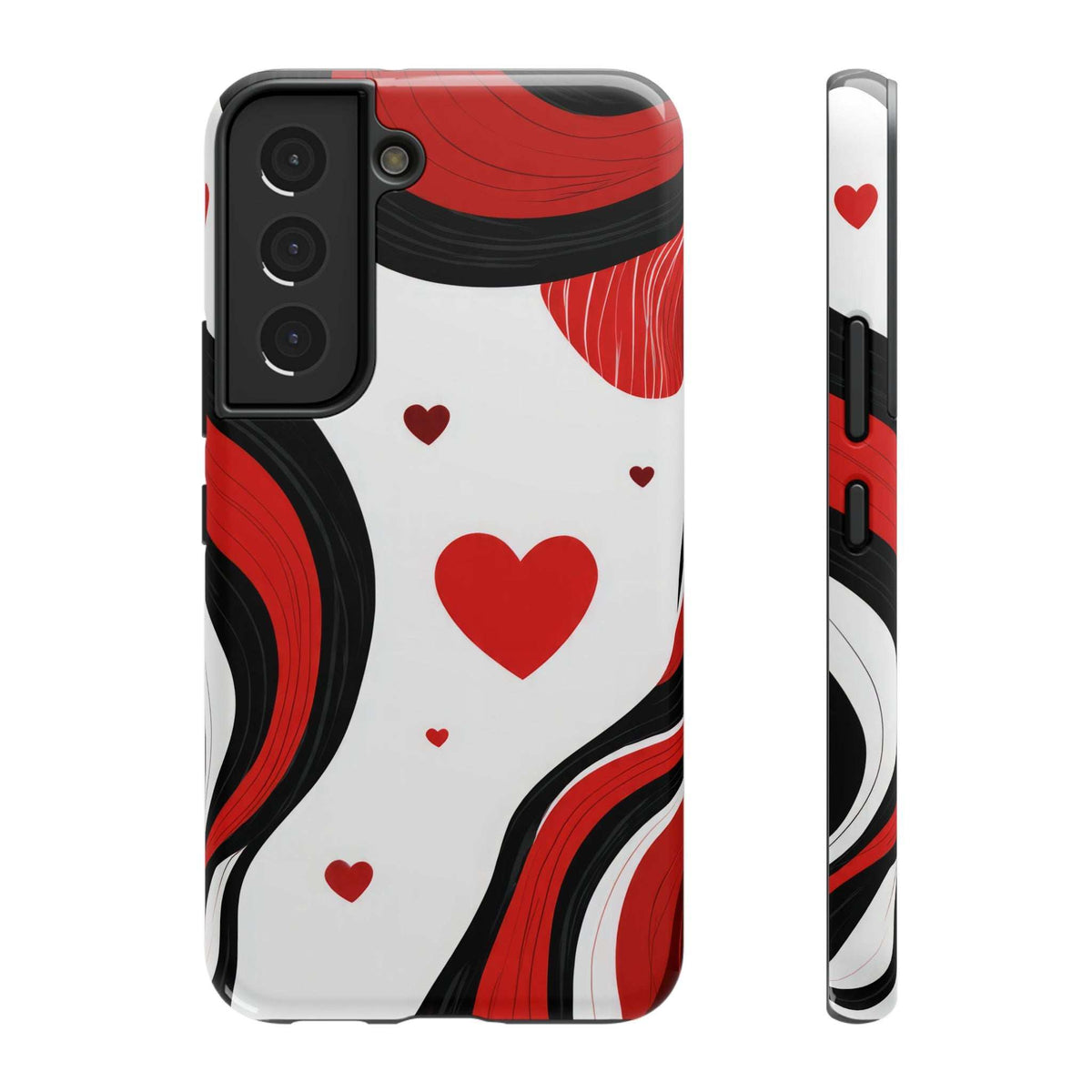 Glossy phone case close view: red hearts and swirl pattern, raised camera module