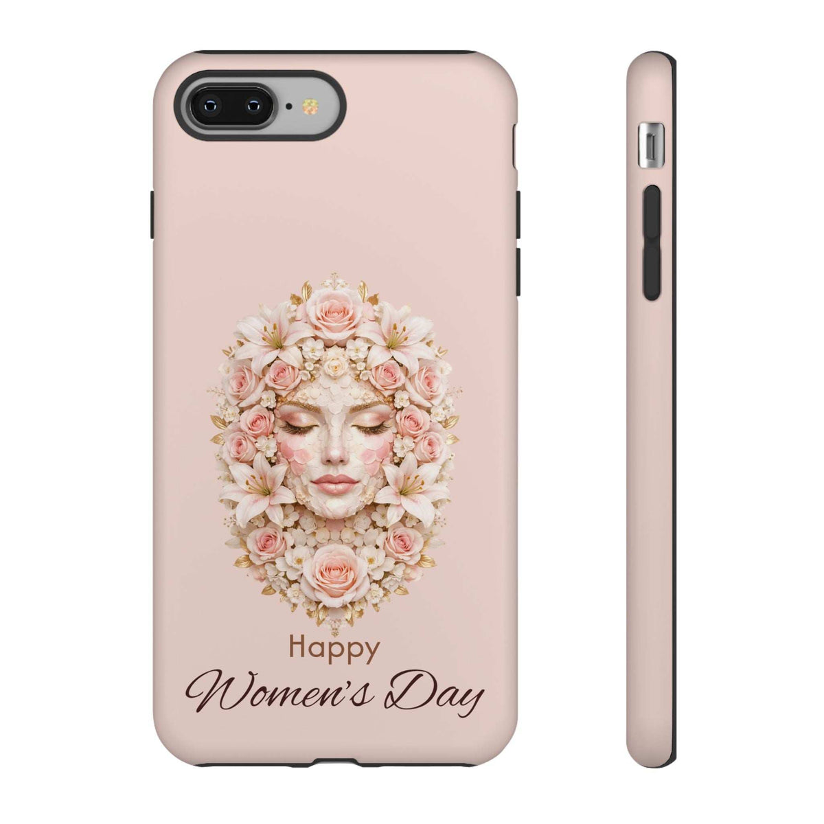 Pink iPhone phone case featuring floral woman face design and 'Happy Women's Day' script; side shown.