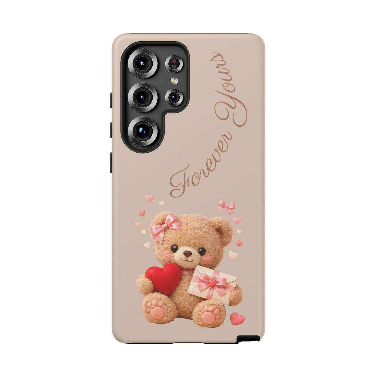 Beige phone case with teddy bear, red heart, pink bow gift, and raised camera area