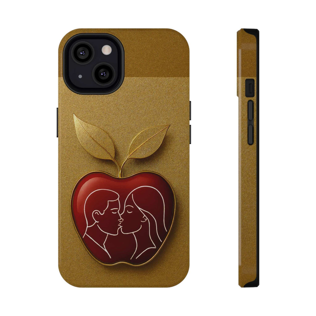 Gold glitter phone case with red heart couple and gold leaf design, shown with side view