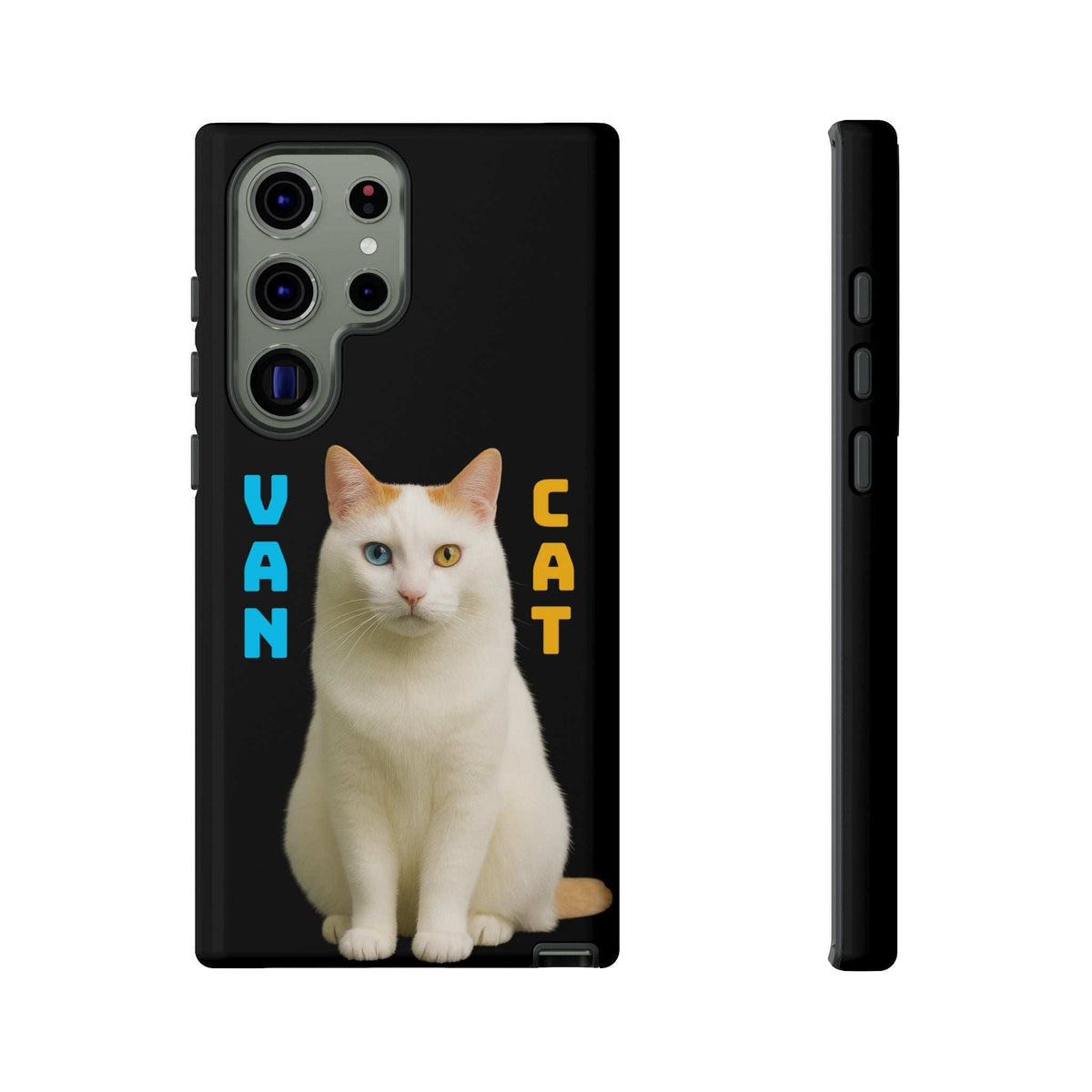 Black glossy phone case showing a cat print with rear cameras and side view