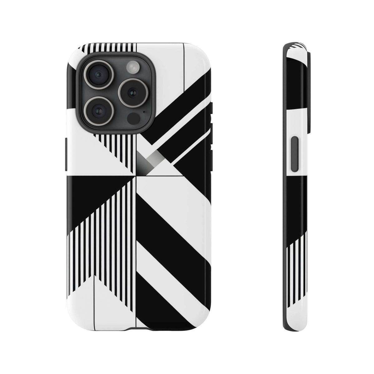Tough phone case with black-and-white geometric pattern and raised camera housing