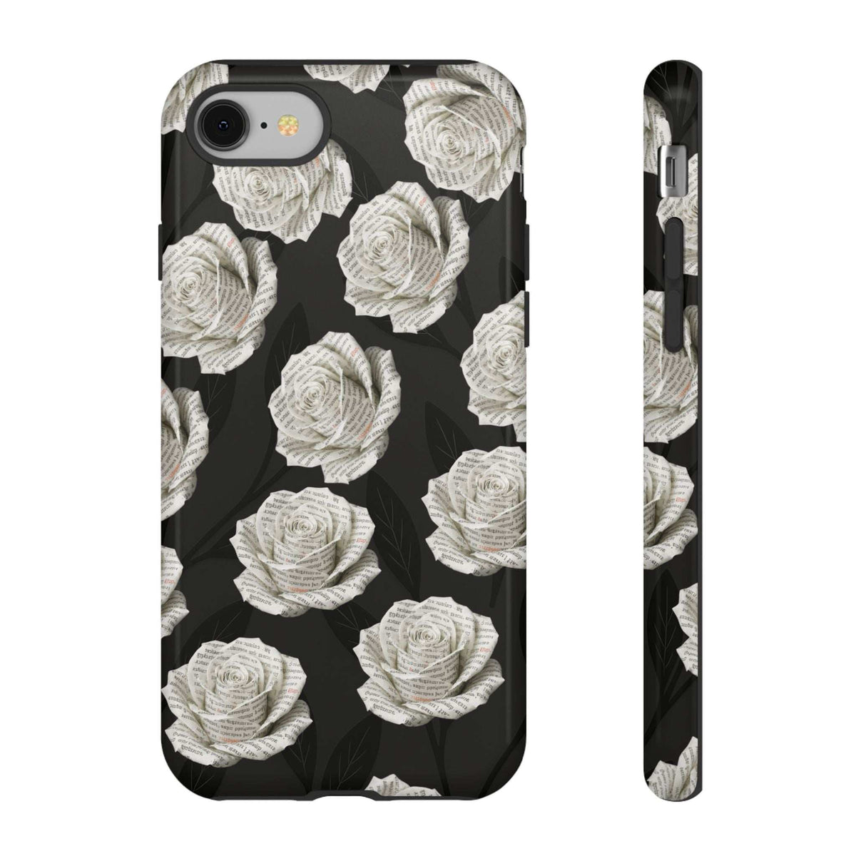 Phone case with black background and white rose pattern, front and thin side profile