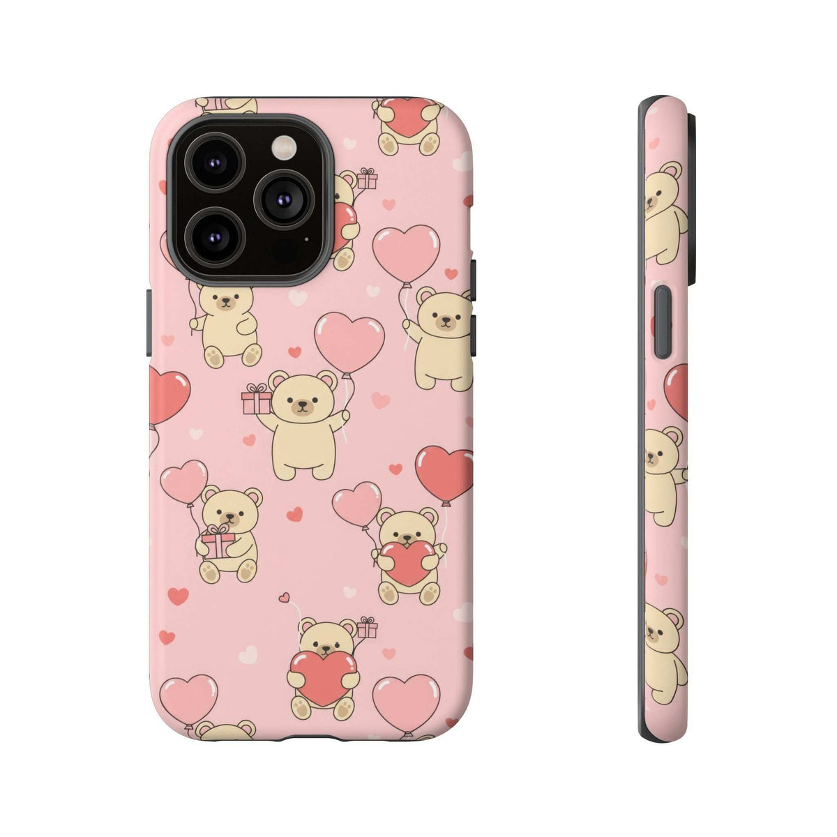 Pink phone case featuring teddy bears, red hearts, and camera lens cutouts