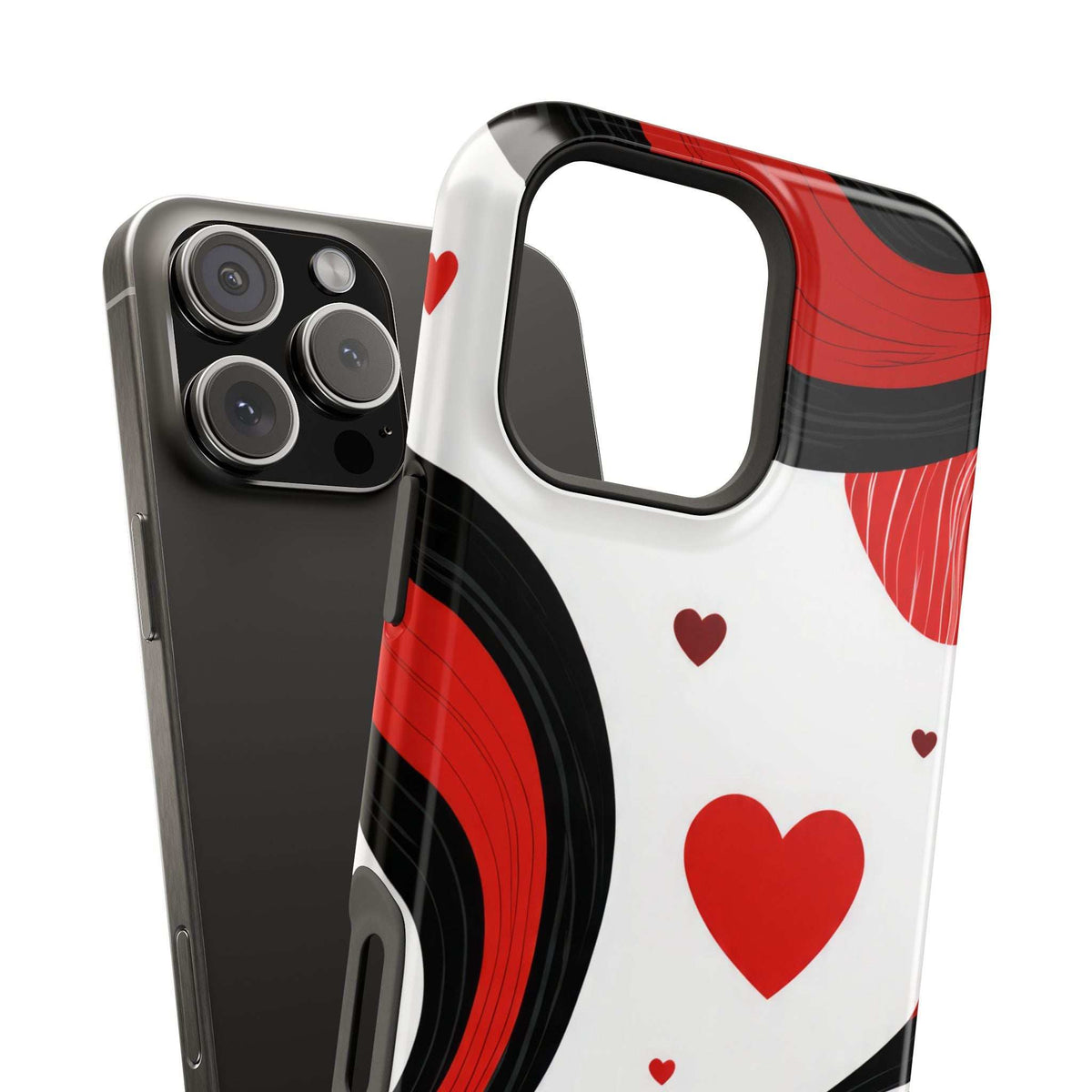 Phone case front view with heart and wave pattern, red and black accents on white