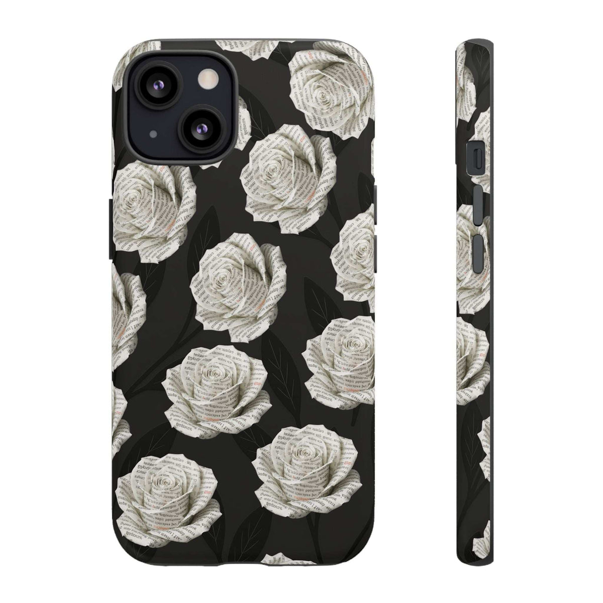 Black phone case with white floral rose print, front camera cutout and raised edges
