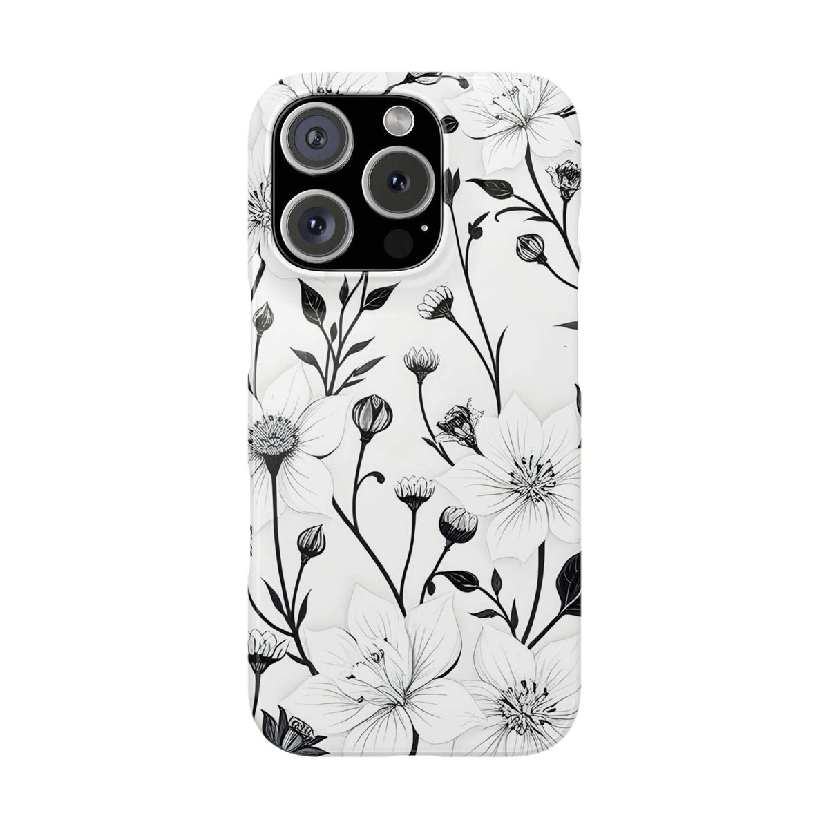Monochrome floral phone case with three camera lenses and cutouts in black.