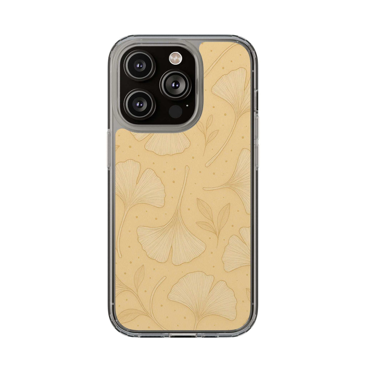 Beige floral ginkgo phone case with transparent edges and camera cutouts for iPhone/Galaxy