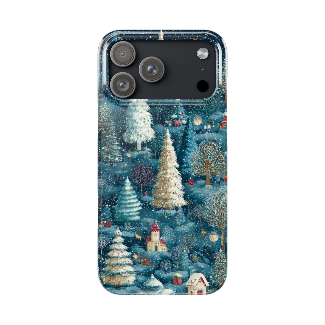 Frosty forest phone case with snowy trees and houses, visible camera lenses.