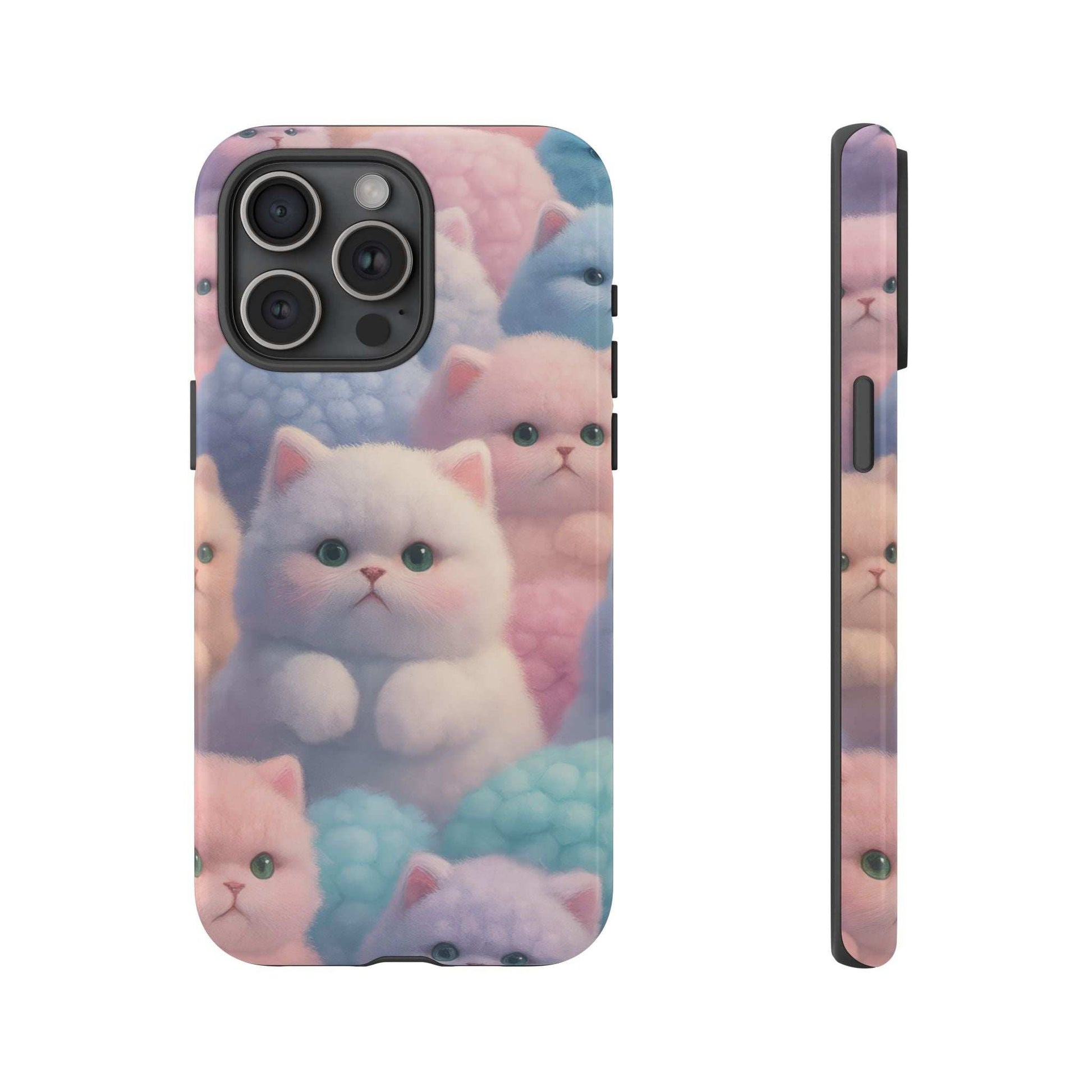 Glossy phone case with pastel kitten illustration and rounded camera cutouts