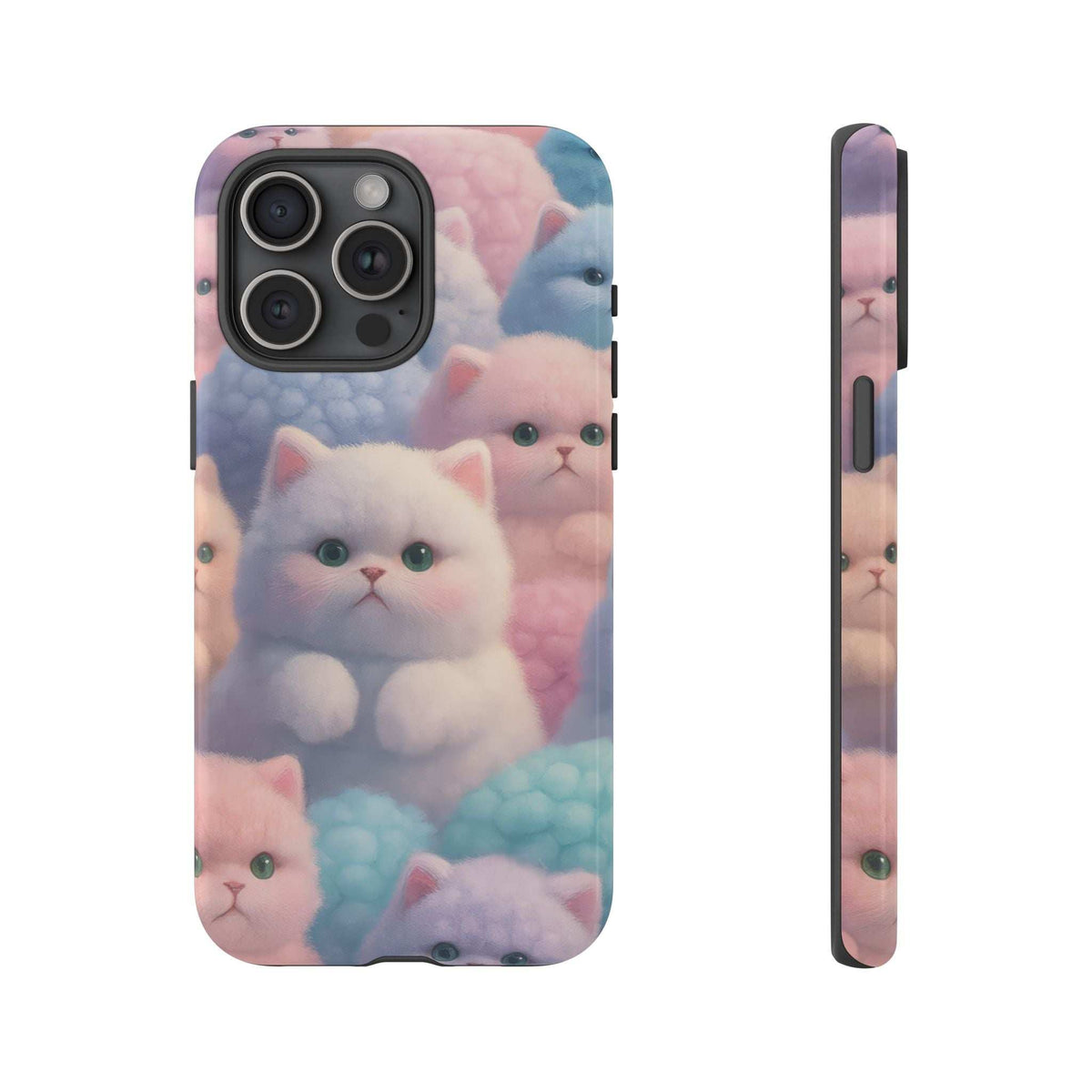 Glossy phone case with pastel kitten illustration and rounded camera cutouts