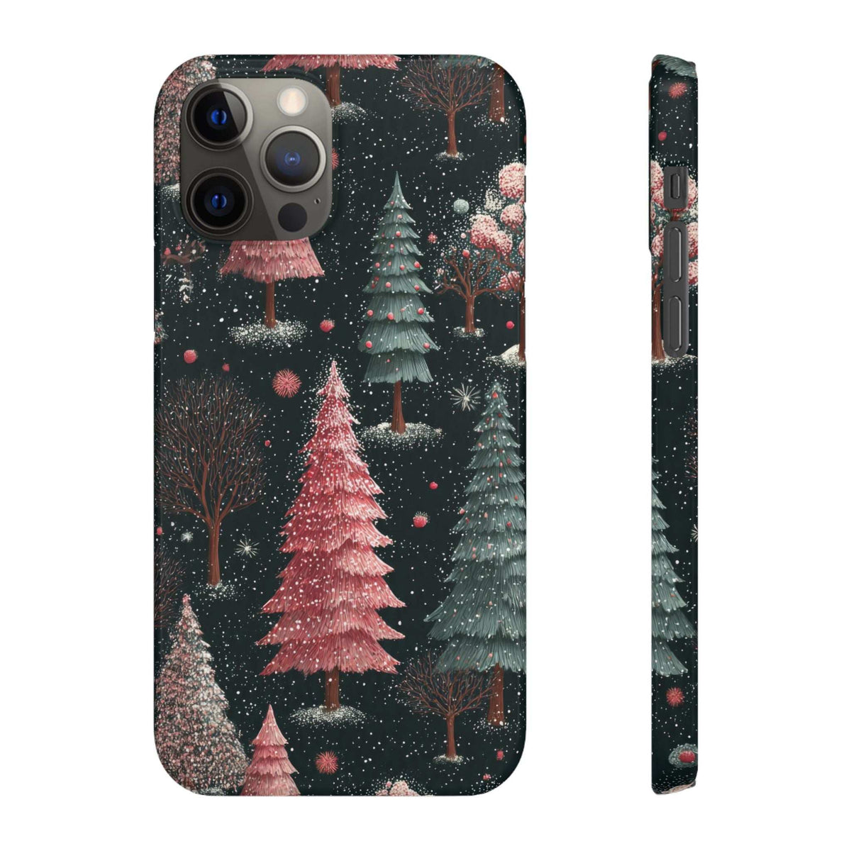 Glossy phone case back with camera cutouts; winter forest trees in red and blue tones