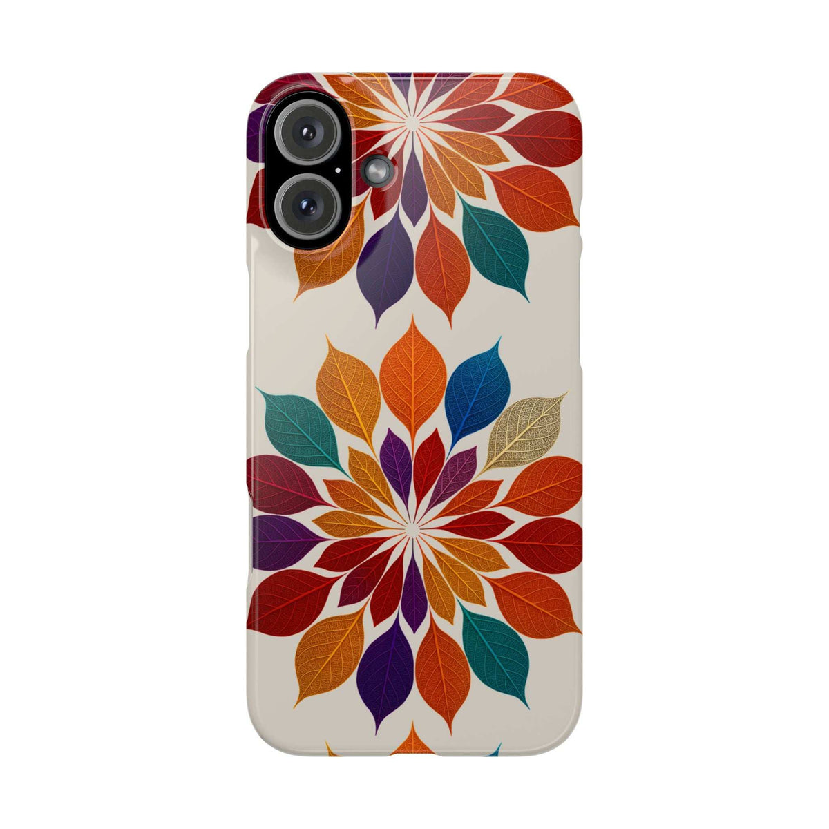 Colorful leaf mandala phone case in cream with raised camera bump cutouts