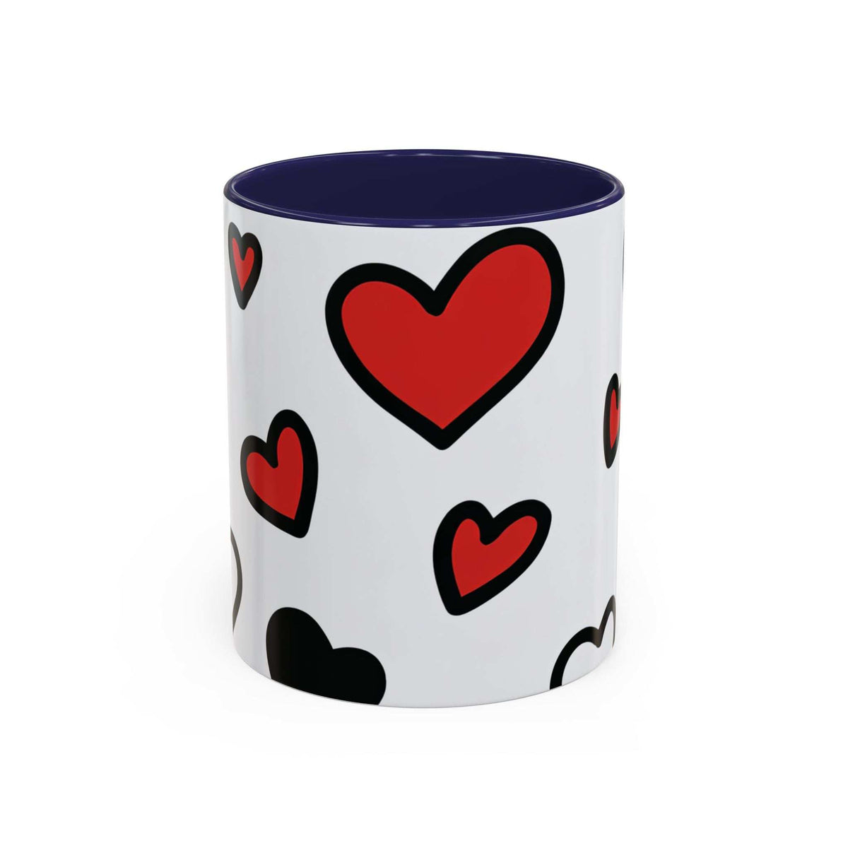 Love-themed accent coffee mug, white body with red hearts and navy interior