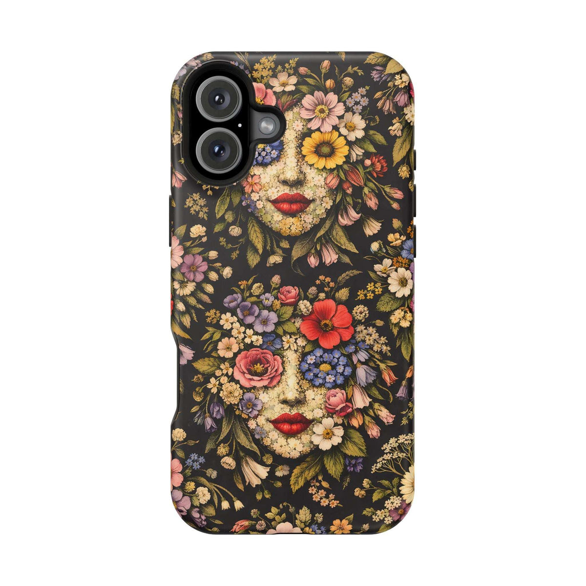 iPhone-compatible phone case with vintage floral face print, red lips, and camera cutouts on dark base