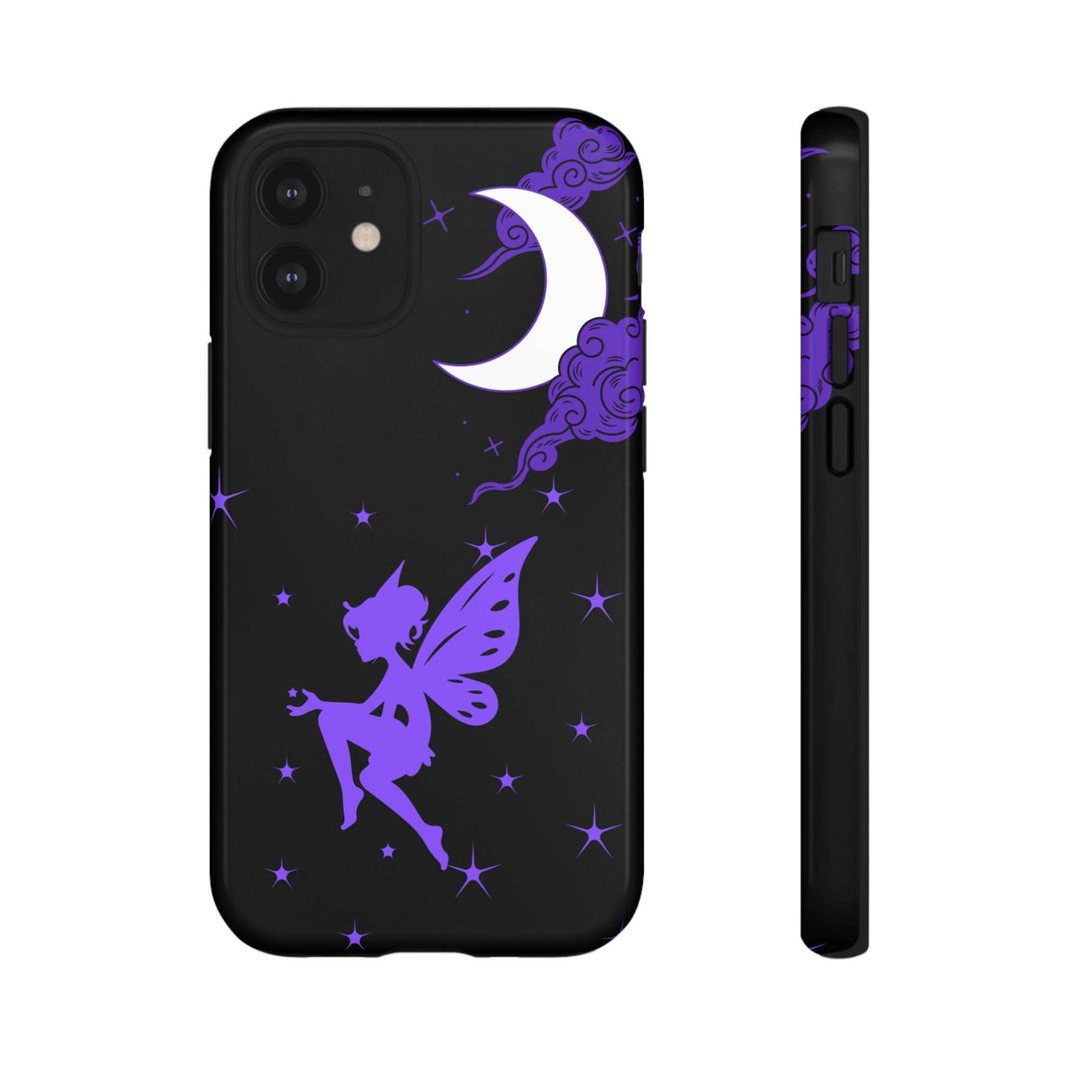 Black phone case with purple fairy silhouette, moon and stars; rear camera cutout