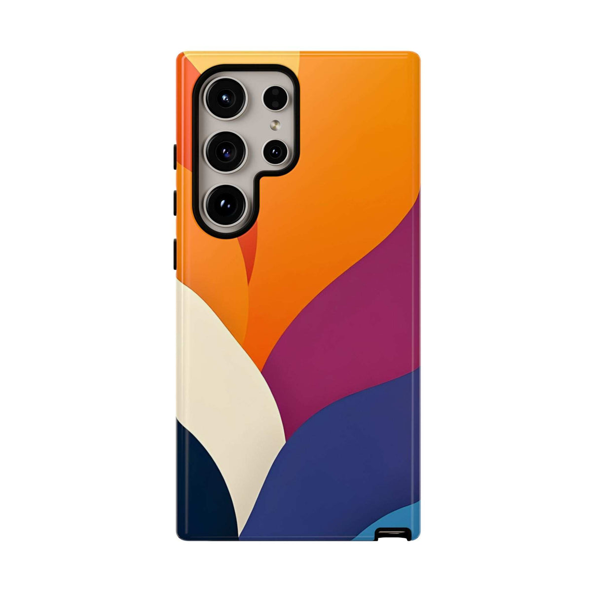 Colorful abstract phone case with orange top and purple blue bottom; camera lenses visible