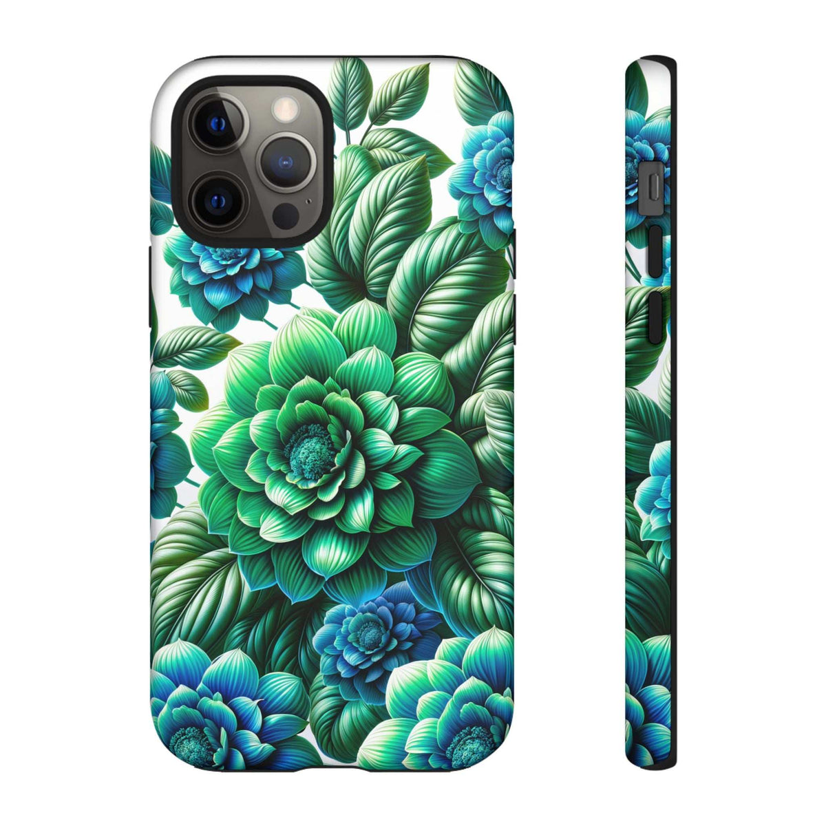 Green & blue floral phone case featuring layered leaves and blossoms, camera cutouts