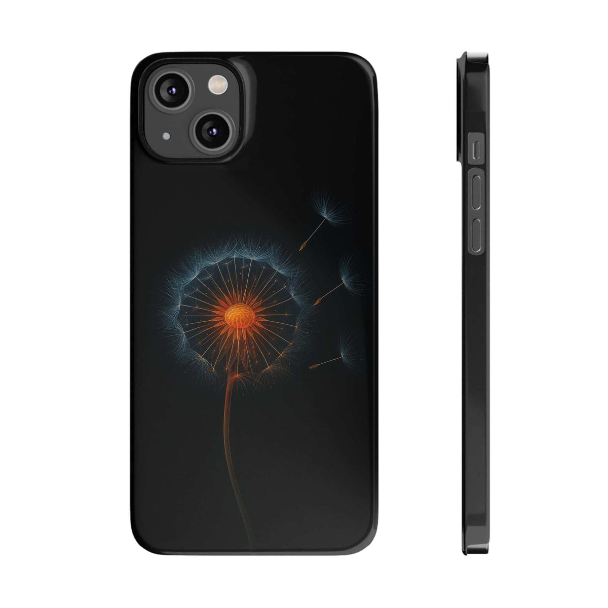 Black iPhone case with glowing dandelion pattern and camera opening at top left
